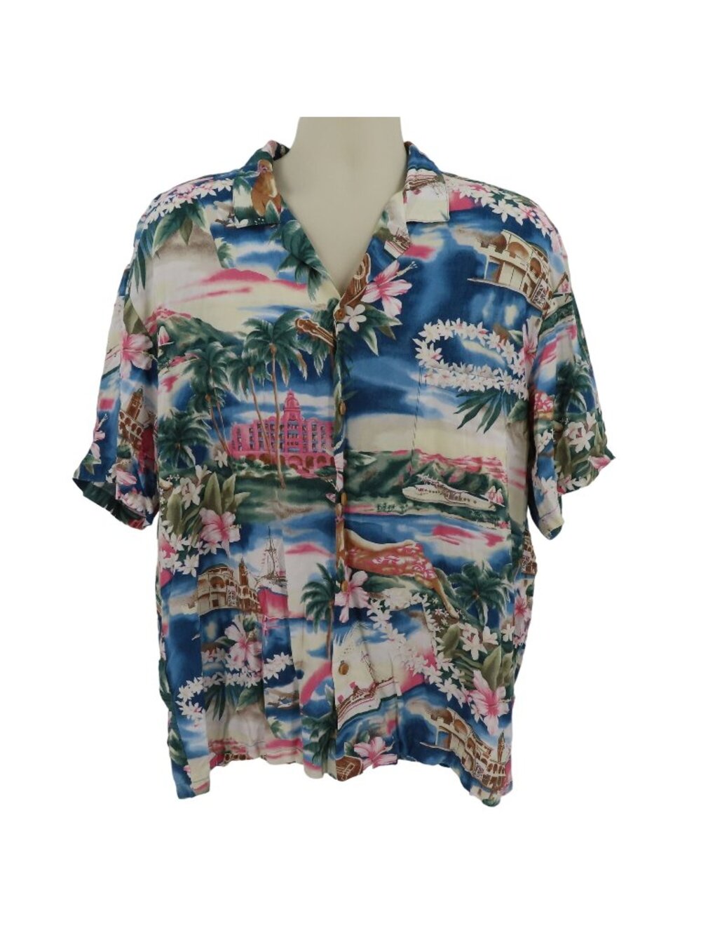 Diamond Head Men XL Hawaiian Aloha Pink Building Beach Marina Lei Airplane Shirt